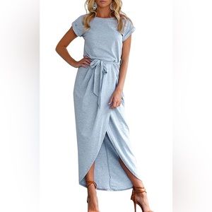 Blue maxi dress with thigh slit.